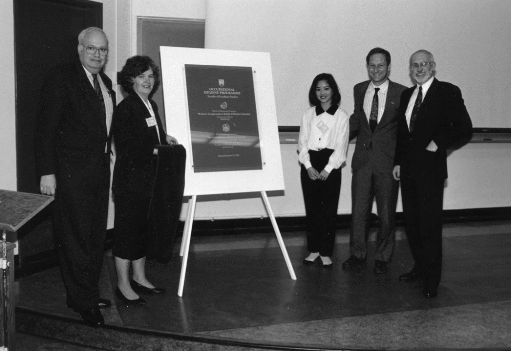 UBC President David Strangway (L) is joined by (L-R) the founding Program Director Prof. Susan Kennedy, Student Dr. Lydia Ma at the opening of the MSc (OEH) program in 1992.